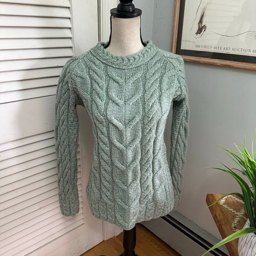 Aran Woolen Mills Sweater Womens Small Green Super Soft Merino Cable Knit Irish